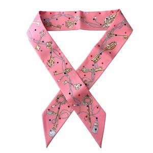 Hermes Twilly Les Cles A Pois 100% Silk Rose Beige Multicolor Pink Keys Design